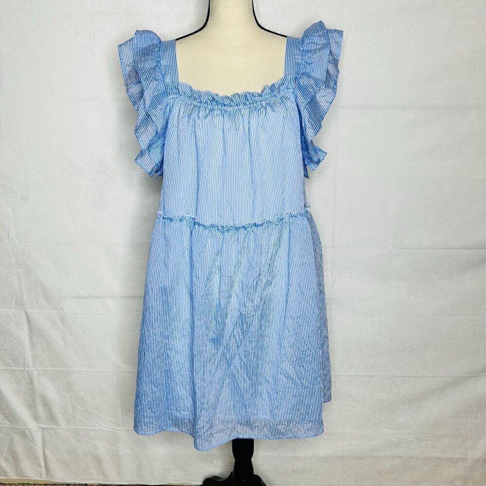 THML Blue White Babydoll Dress Ruffle Tiered Sleeveless Lined Women's Size L